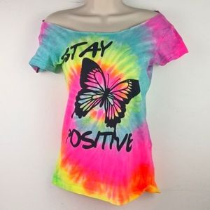 Neon Butterfly "Stay Positive" Cap Sleeve Raw Collar Cool Versatile Tee SZ S